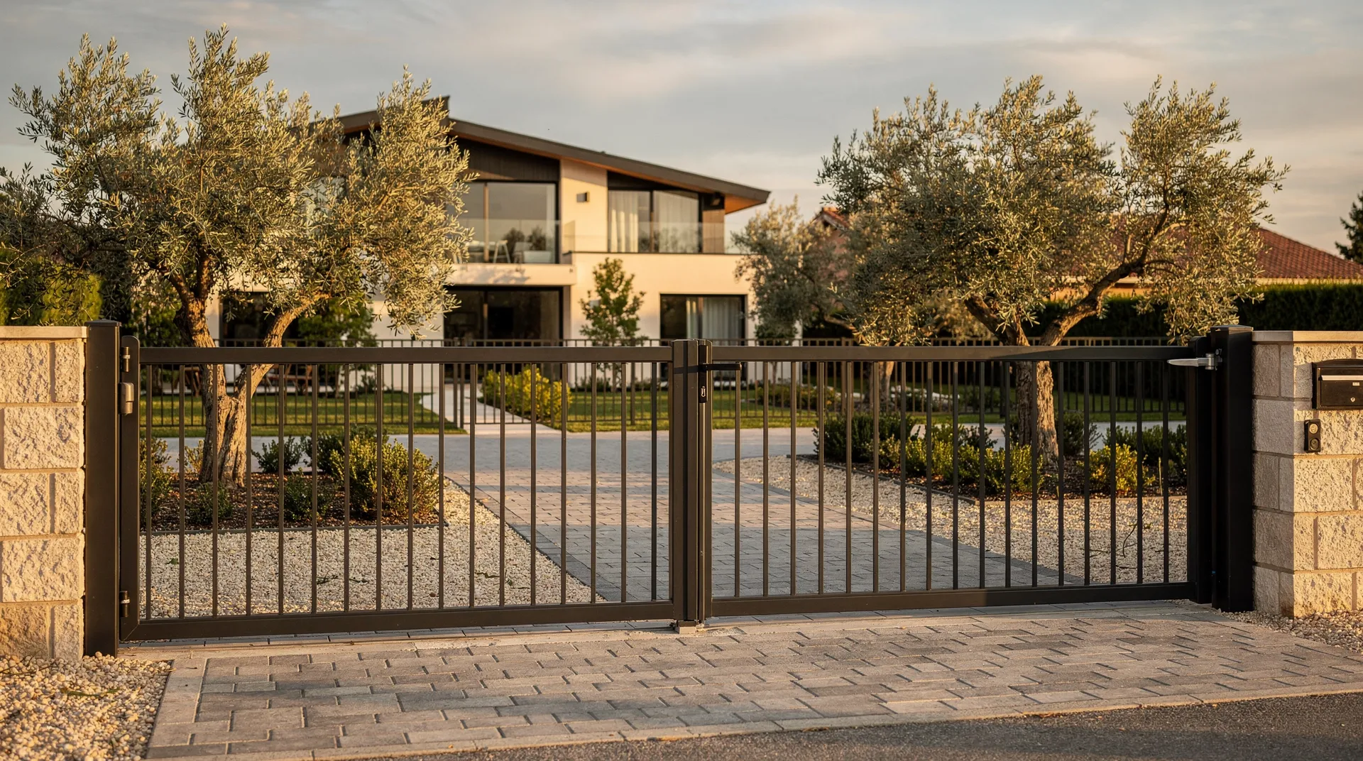 Portail aluminium anthracite et clôture assortie devant une maison contemporaine en Haute-Garonne