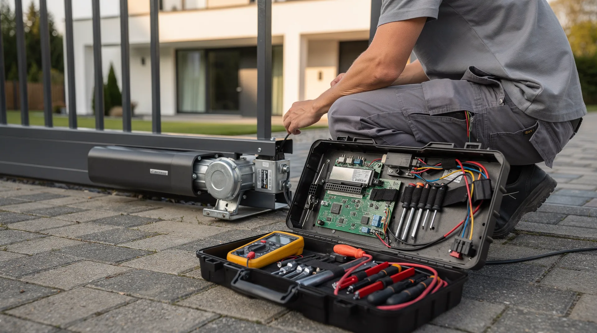 Technicien diagnostiquant l'automatisme d'un portail coulissant